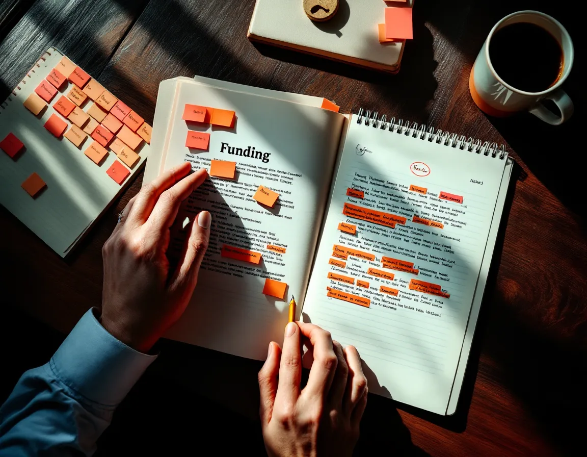 A writer’s hands making pencil notes in the margin of a funding notice covered in coral and amber tabs, a legal pad with a circled deadline beside it