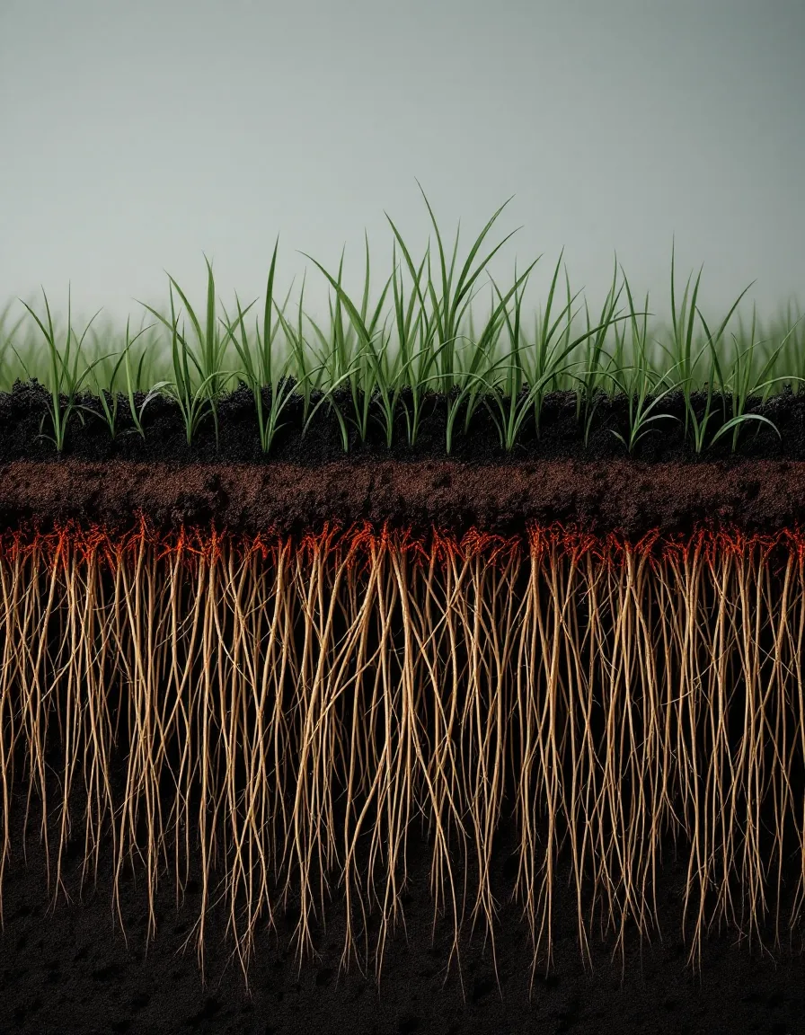 A cutaway of vetiver grass on a red-clay slope, short blades above ground and a dense curtain of roots reaching deep into the soil
