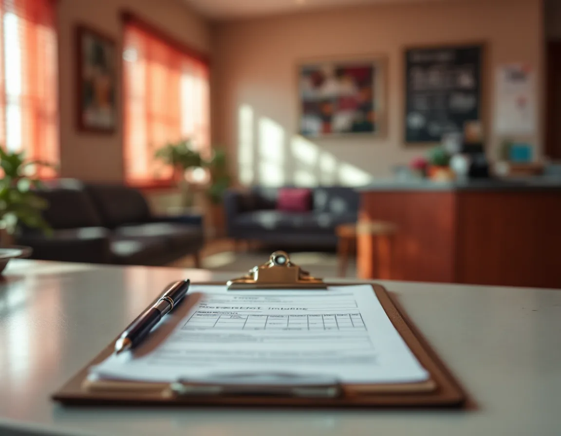A clipboard of intake forms at the front desk of a small community clinic, waiting room softly blurred behind