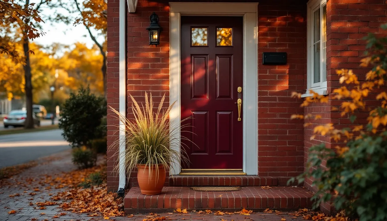 A plum-painted office door on a brick walk, a pot of tall grass beside the step in autumn light