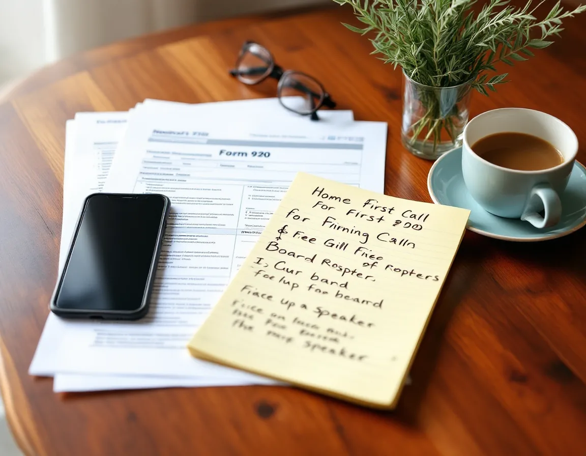 A table set for a first call — a Form 990, a board roster, a legal pad of questions, and coffee