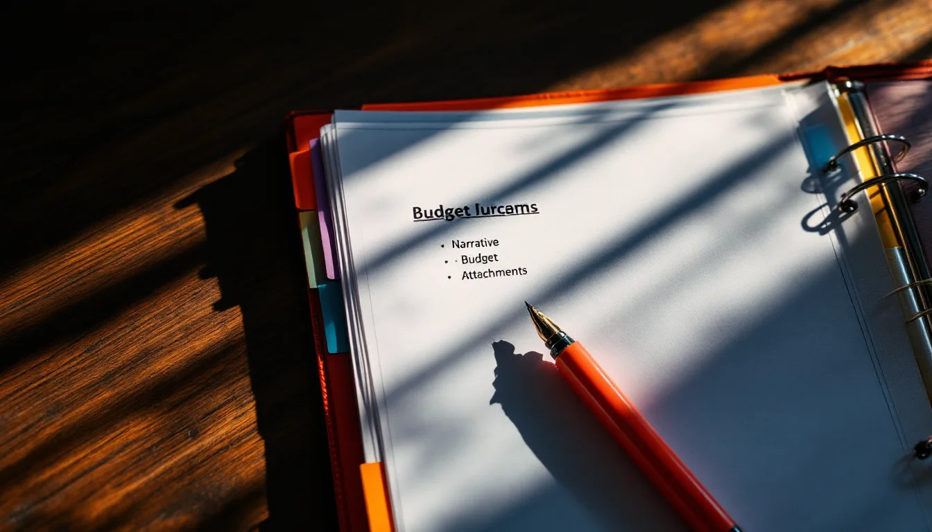 An open binder of a grant package with labelled paper tabs, a coral highlighter resting on the budget justification